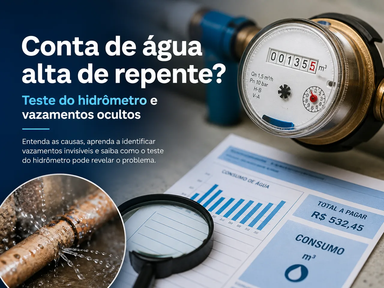 Conta de água alta de repente? Teste do hidrômetro e vazamentos ocultos